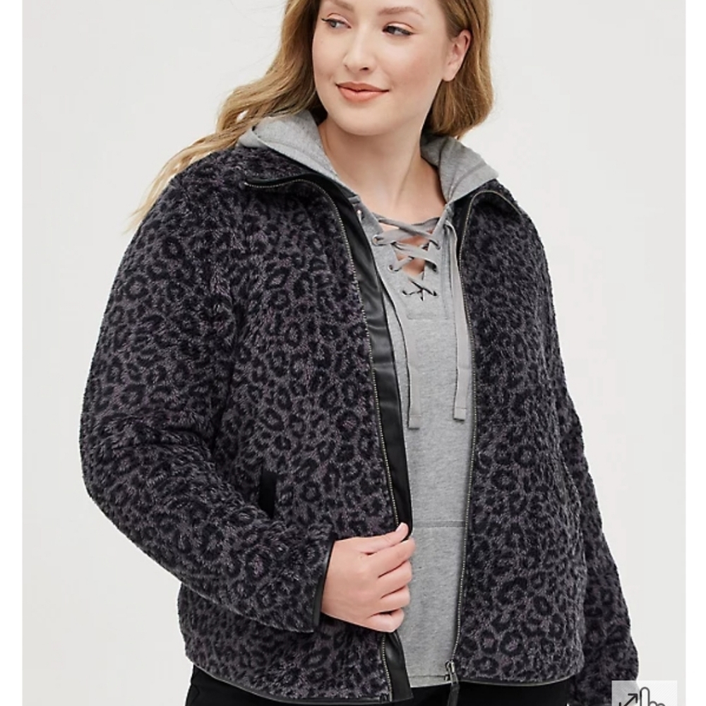 ZIP FRONT JACKET - FAUX SHEARLING LEOPARD PRINT GREY